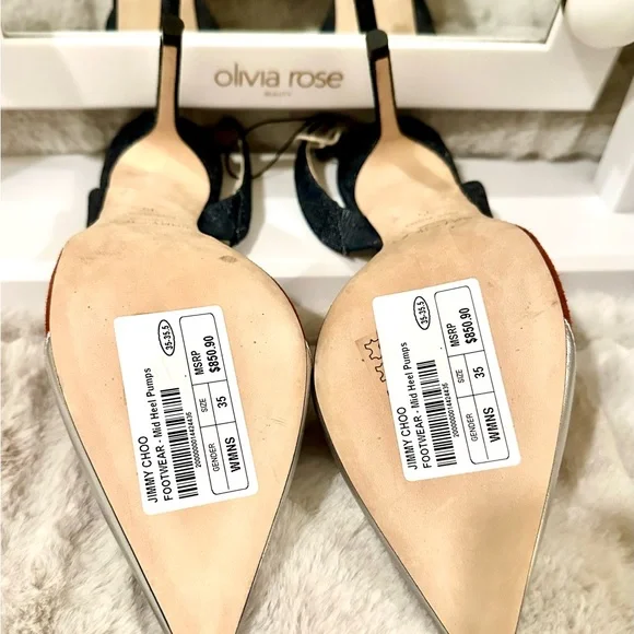 Jimmy Choo Silver, brown, and denim heels